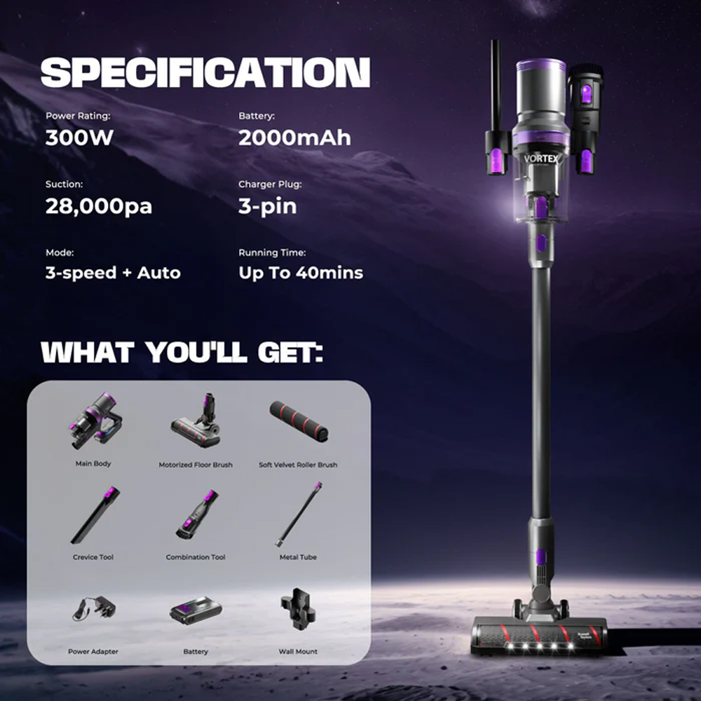 Russell Taylors 300W Cordless Vacuum Cleaner BLDC Motor X2 | Powerful BLDC Motor | 4 Cleaning Mode | Soft Velvet Roller Brush