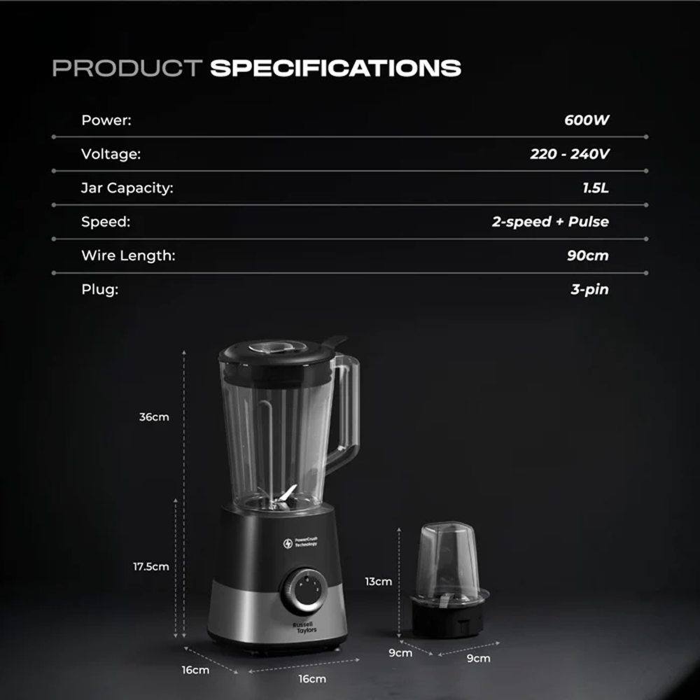 Russell Taylors 1.5L PowerCrush Blender TB6 |  Blender Safety Lock | 600W Motor | 2 -Speed + Pulse Versatile Control