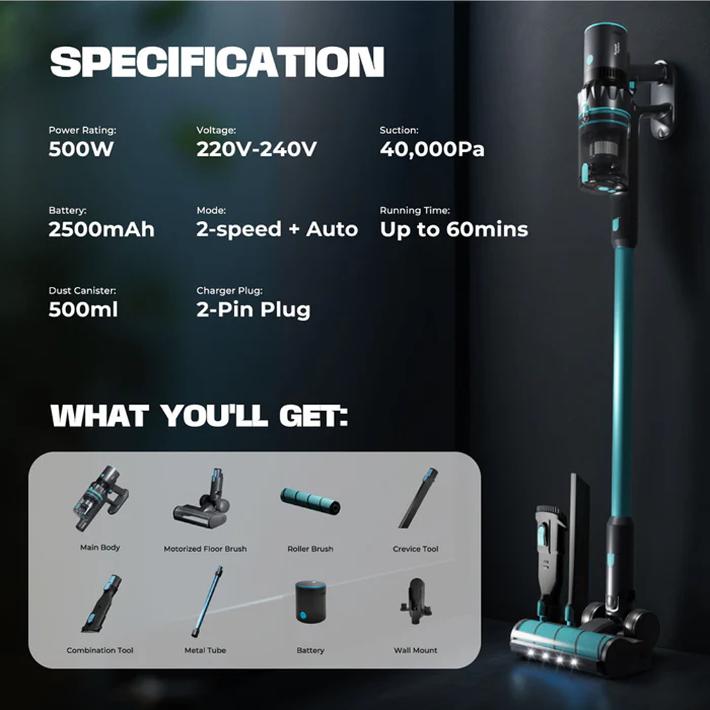 Russell Taylors 500W Vortex Cordless Vacuum Cleaner VORTEX | CycloneTechnology | Auto Cleaning Mode