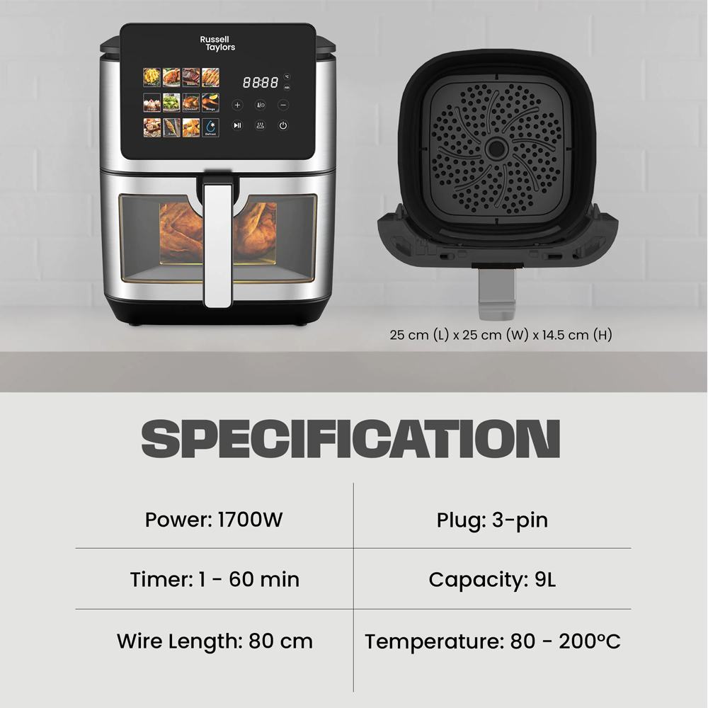 Russell Taylors 9.5L 3D Visible Window Digital Air Fryer XXL Black Z9 | Function Controller	Digital | 11 Smart Preset Programs