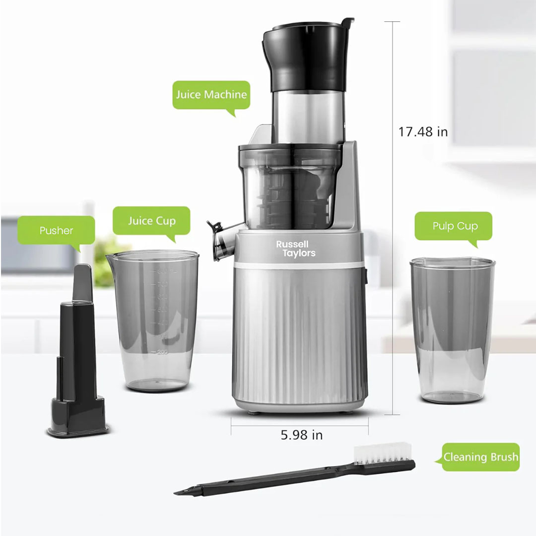 Russell Taylors 80MM Masticating Cold Press Slow Juicer with Wide Feeding Tube SJ2 | 200W | Super Filter | Low-Noise Operation | Easy to Clean | Juicer with 2 Years Warranty