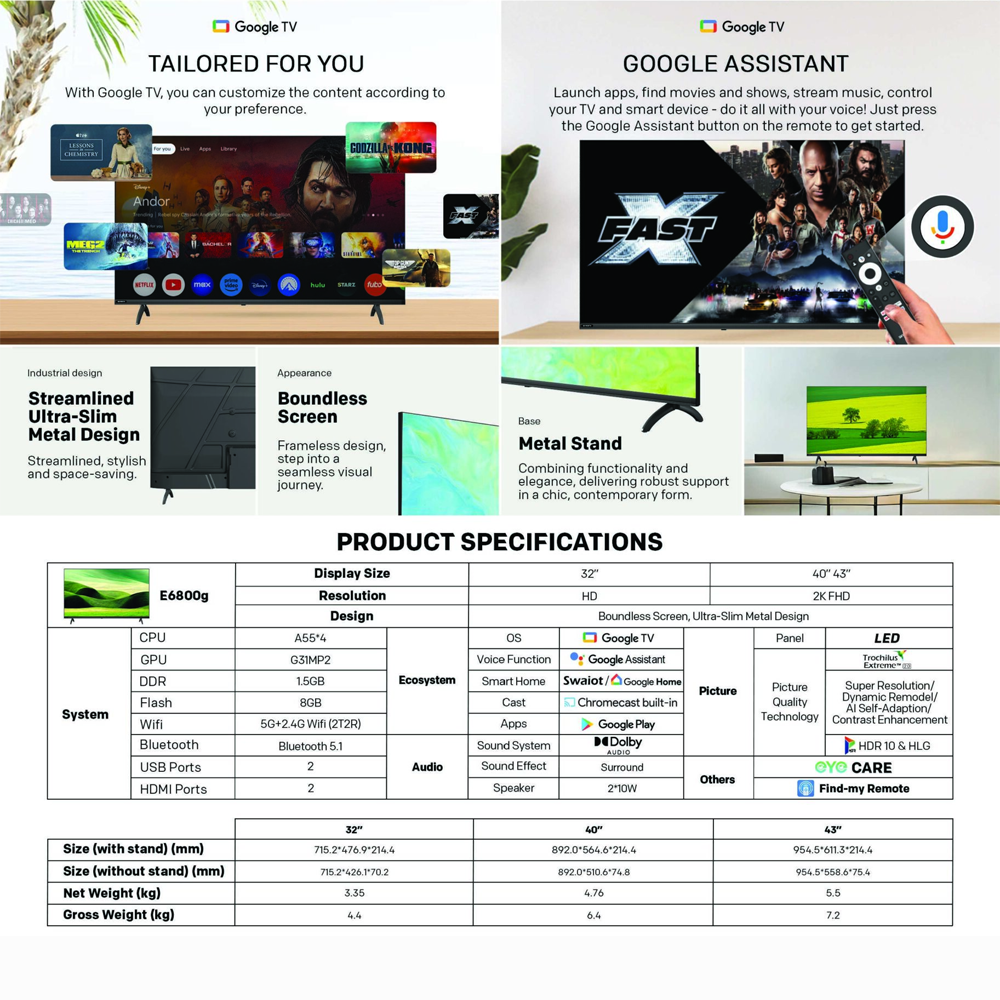 SKYWORTH 43" 2K FHD Google TV 43E6850G | S AI Engine | Visual Aid | HDR 10 & HLG | Dolby Audio & Wonder Audio