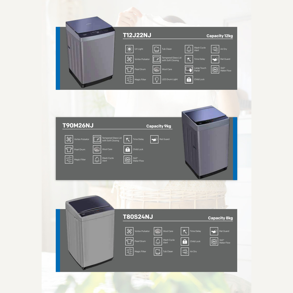 SKYWORTH 9KG Top Load Washing Machine T90M26NJ | Pearl Drum | 360° Water Flow | Wool Care | Vortex Pulsator