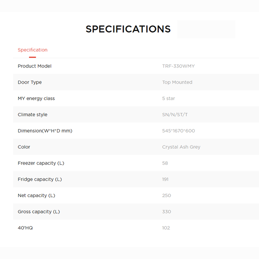 TCL 330L 2 Door Top Mounted Eco Fresh Refrigerator TRF-330WMY | Adjustable shelves | 5 star MY energy class | Humidity slider crisper