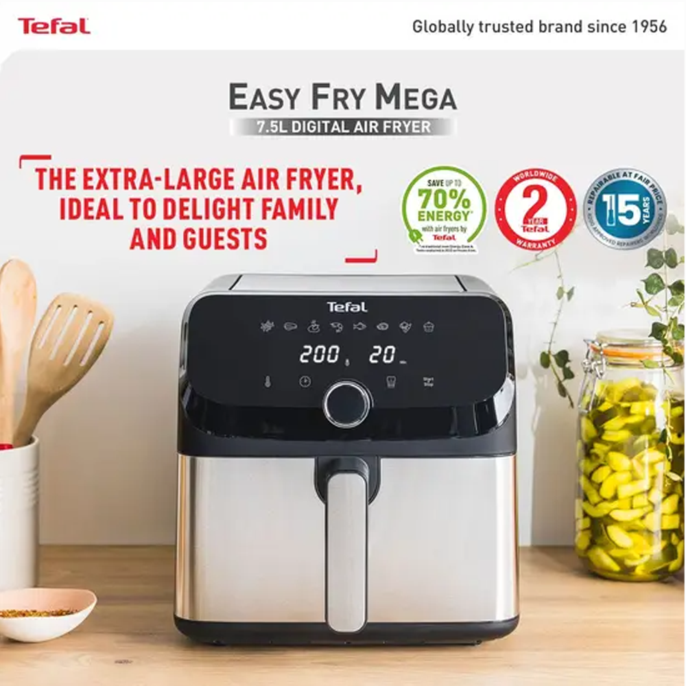 Tefal 7.5L Easy Fry Mega Air Fryer EY855D | 8 preset programs | Up to 65% less energy | Extra-large capacity | PTFE removable pan