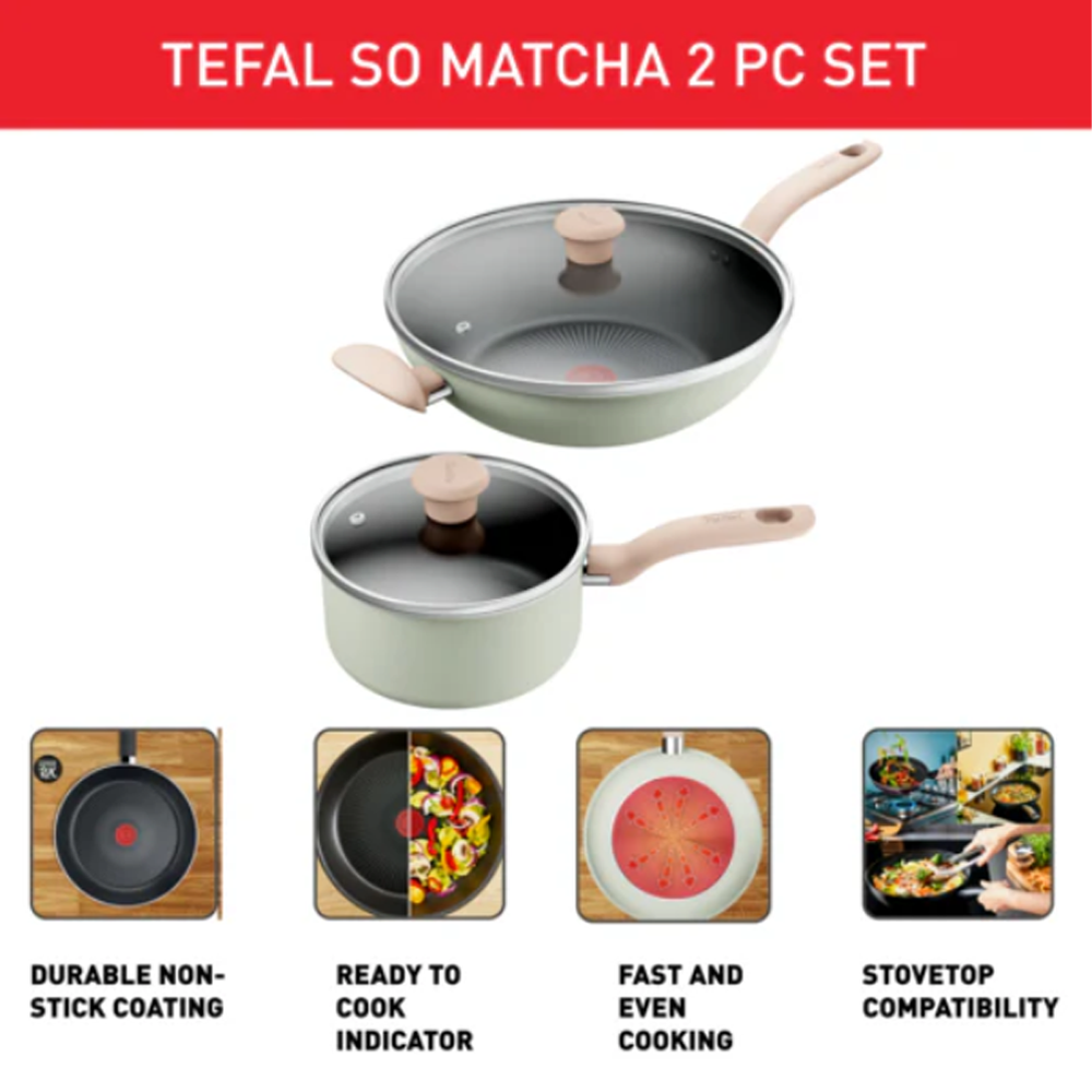 Tefal So Matcha Non-Stick Cookware Set 4-Piece Set with Lids G179S495 G179S4 | Perfect Searing Thermo-Signal | Titanium NonStick