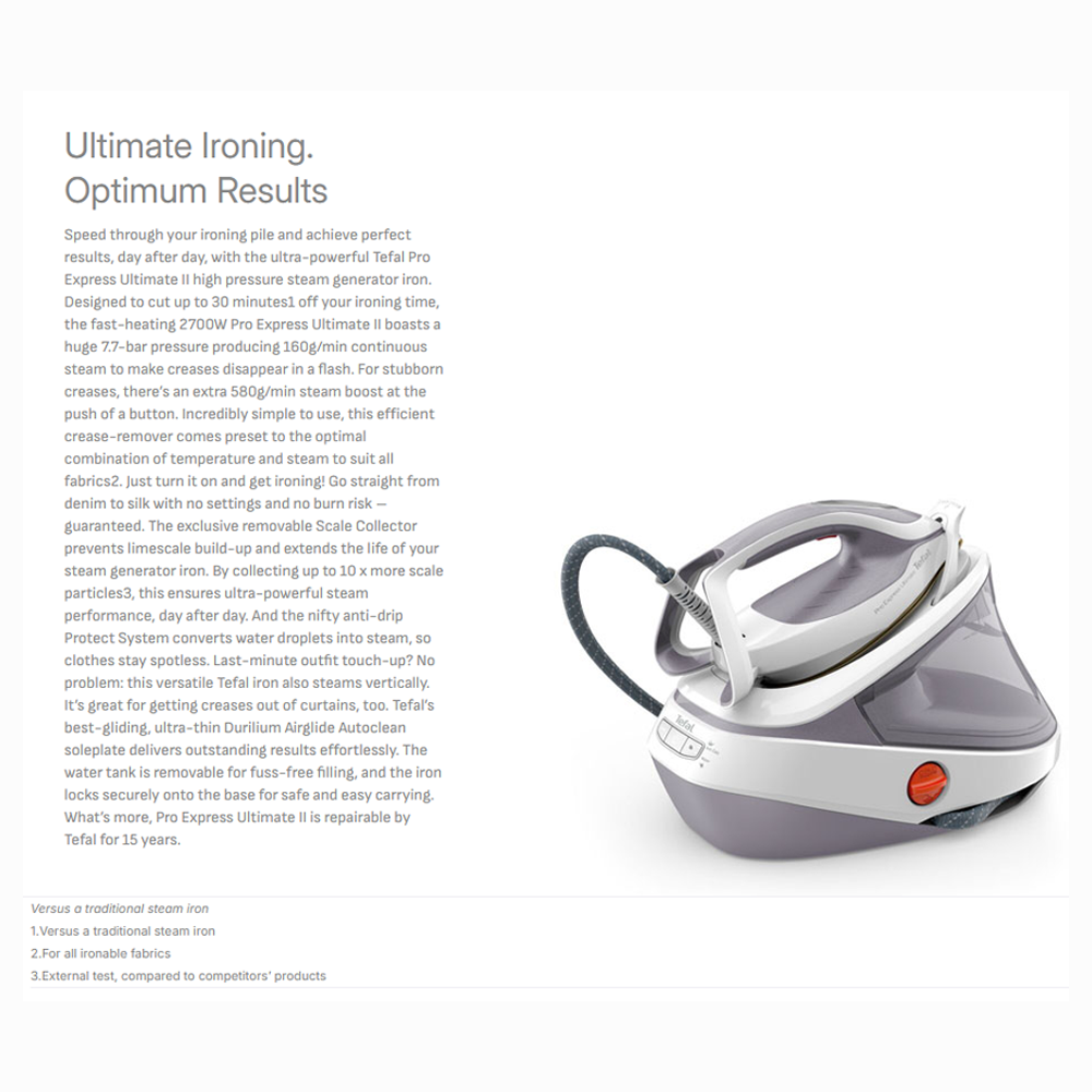 Tefal 2700W Pro Express Ultimate II Steam Generator Iron Dove GV9713 | Ultra Steam Technology | No Burn Risk