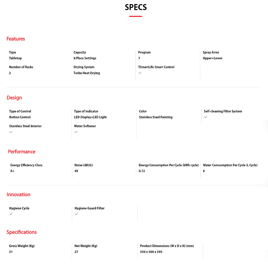 TOSHIBA 8 Place Setting Table Top Dishwasher DW-08T3(S)-MY | Turbo Heat Drying | Off-Peak Wash | Hi-Temp Hygiene Cycle | Soil-Sensing Auto Cycle | Dishwasher with 1 Year