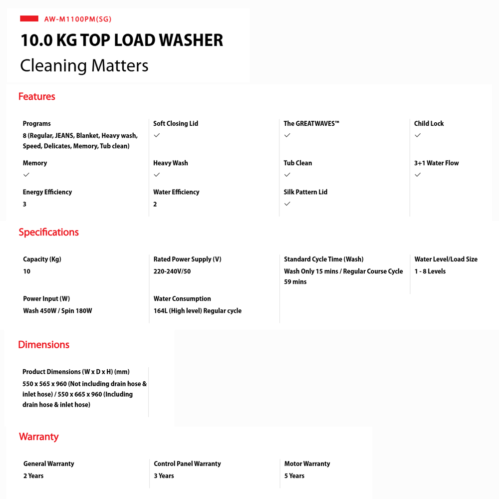 Toshiba 9KG/10KG Top Load THE GREATWAVES Washing Machine AW-M1000EM(SG)/AW-M1100PM(SG) | THE GREATWAVES™ | iClean | Easy Kit | Washing Machine with 2 Years Warranty
