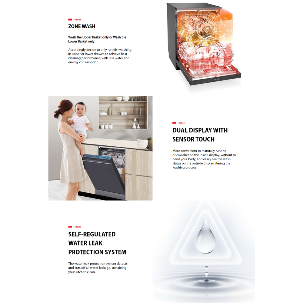 TOSHIBA 15 Place Setting Free Standing Dishwasher DW-15F6(G)-MY | Sliding Tray | 8 Program | Dual Wash Zone