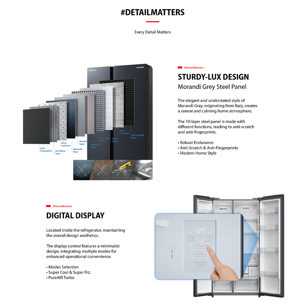 TOSHIBA 820L Side by Side Origin Inverter PureAIR Turbo Refrigerator GR-RS910WI-PMY(06) | PureAIR sterilization system | Extra-large freezer capacity | Super cooling & Super freezing function