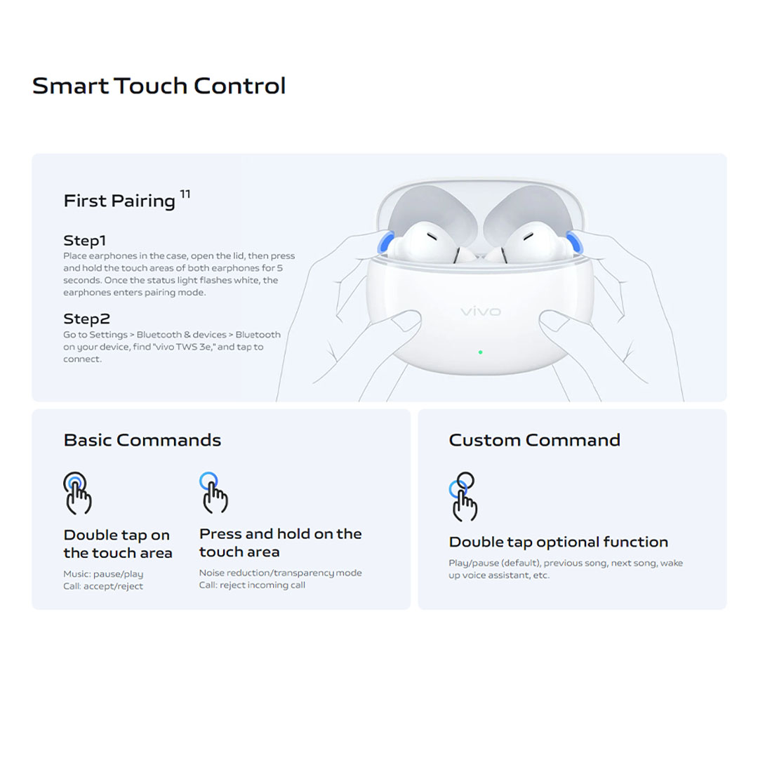 vivo TWS 3e | Fast Charging | Battery Life 42 Hours | AI Call Noise Reduction | Smart Touch Control | Dual Device Connection |  Water Resistance Earphone Protection | Earbuds with 1 Year Warranty