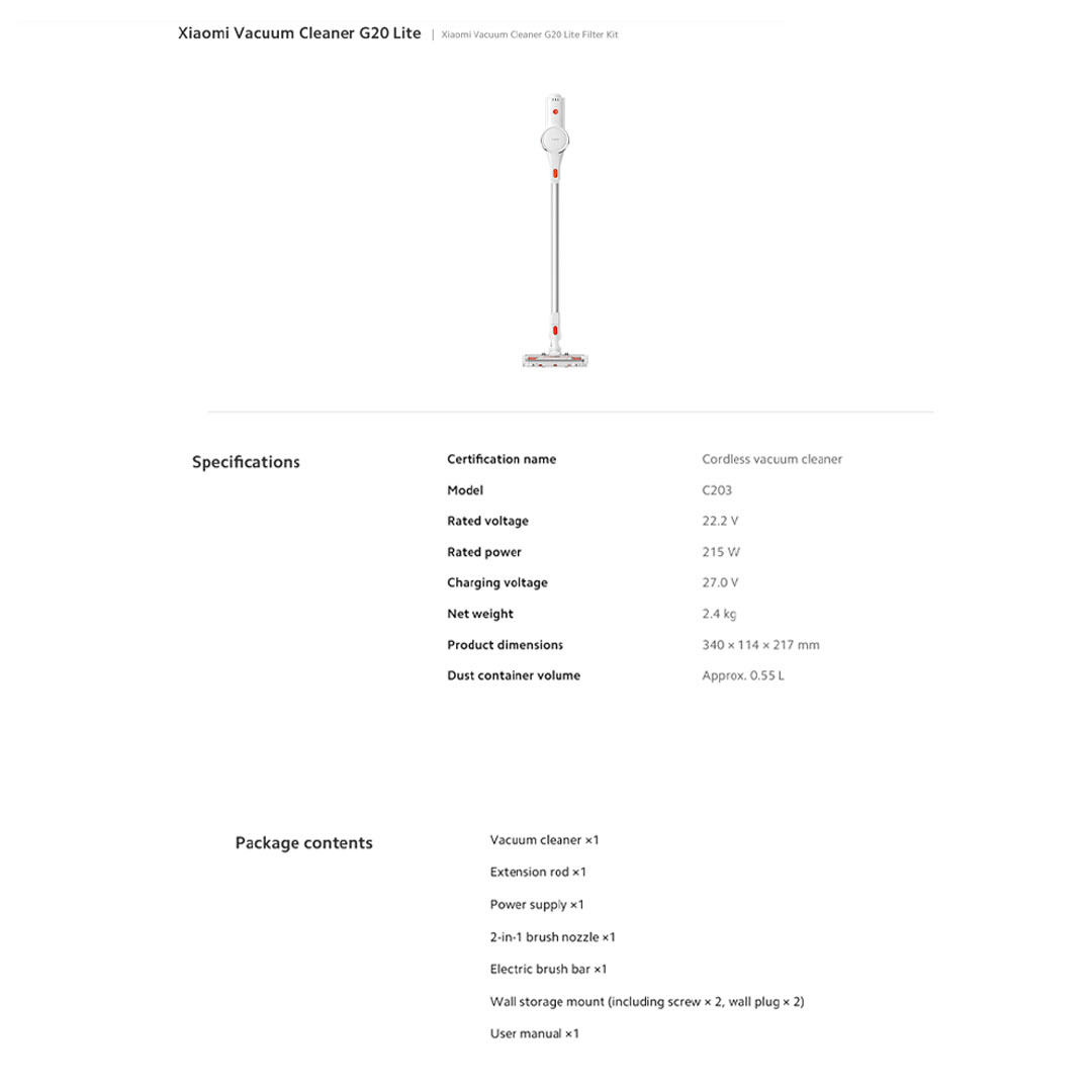 Xiaomi 215W Cordless Vacuum Cleaner G20 Lite C203 | Five-stage filtration | Ultra-long battery life | Upgraded brush head combo | 1  Year General Warranty