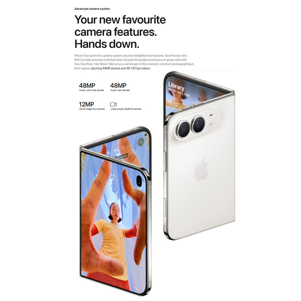 Apple iPhone Duo 256GB / 512GB / 1TB / 2TB | 7.6-inch, LTPO Super Retina XDR OLED| 48MP Rear Camera | iOS 27 | Apple A20 Pro | Li-Ion 5400 mAh
