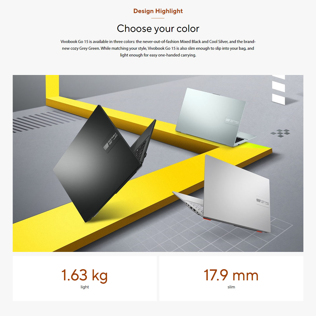 ASUS Vivobook Go 15 Laptop E1504F-ANJ466WS (8GB+512GB SSD) | Up to AMD Ryzen™ 5 7520U Mobile Processor | ASUS WiFi Master | 180° hinge for diverse usage | Laptop with 2 Year Warranty