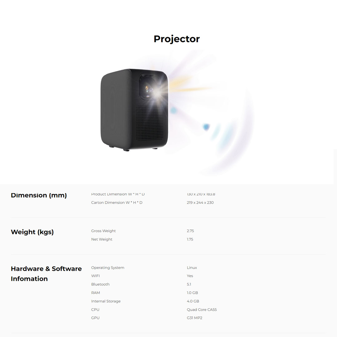 Caixun 2K Linux Projector (PROGROX) CP-01F | 1080 Native Resolution | Dolby Audio MYS12 | Built-in Wifi | Projector with 1 Year Warranty