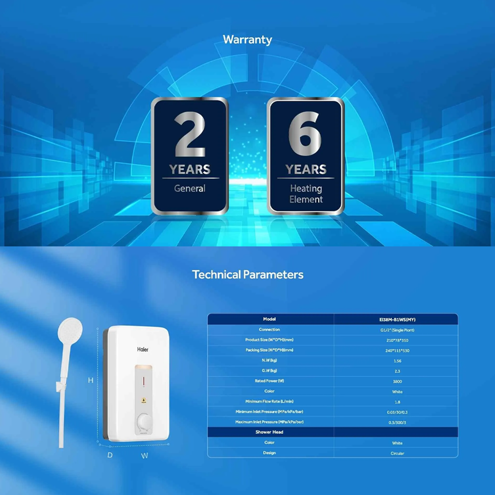 HAIER 3800W Instant Water Heater EI38M-B1WS(MY) | Bubble Elimination Technology | 3D AI Technology | Shock Proof