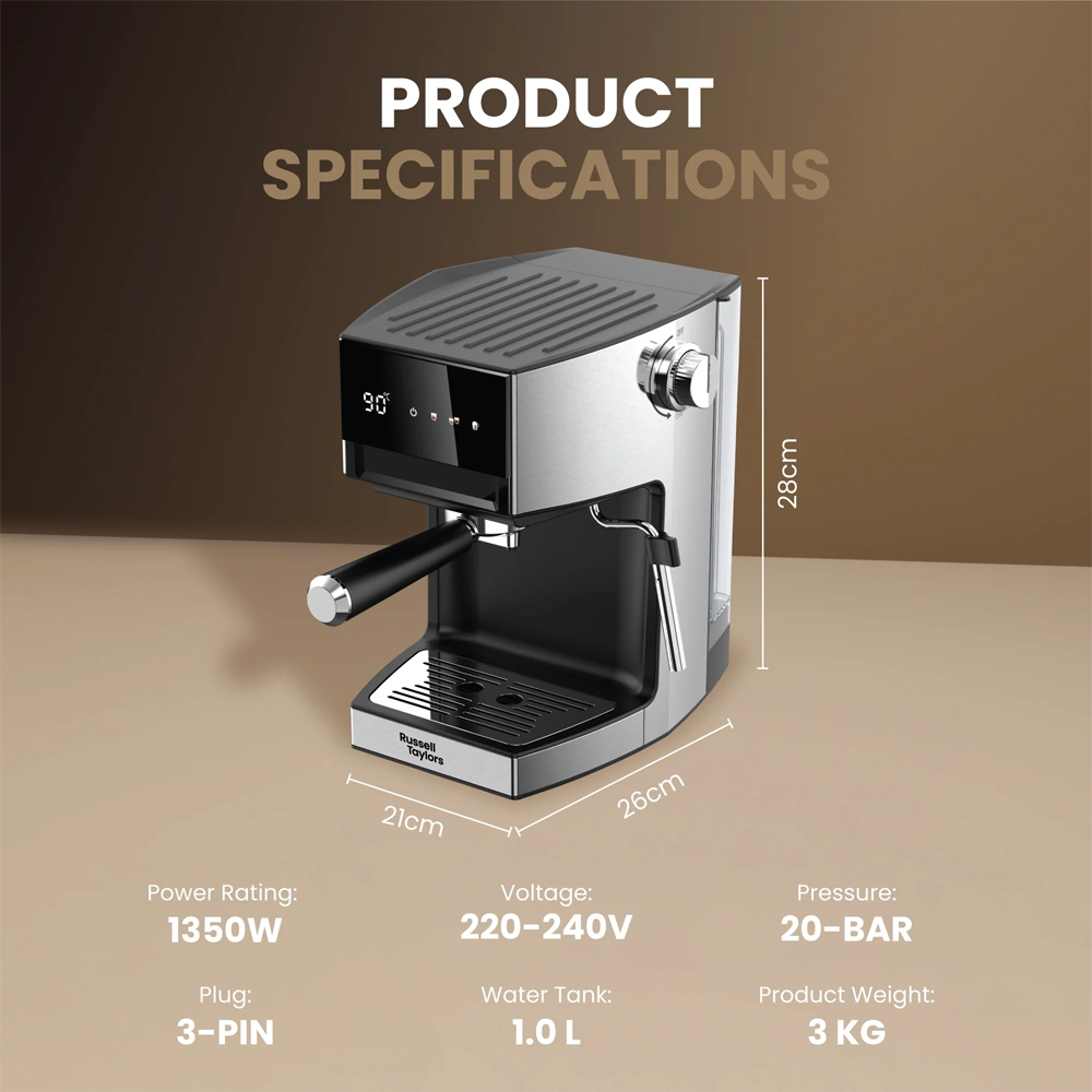 Russell Taylors 1350W 20 Bar Espresso Coffee Machine Digital Coffee Maker EM1 | Home Barista Milk Wand | 1L Detachable Water Tank