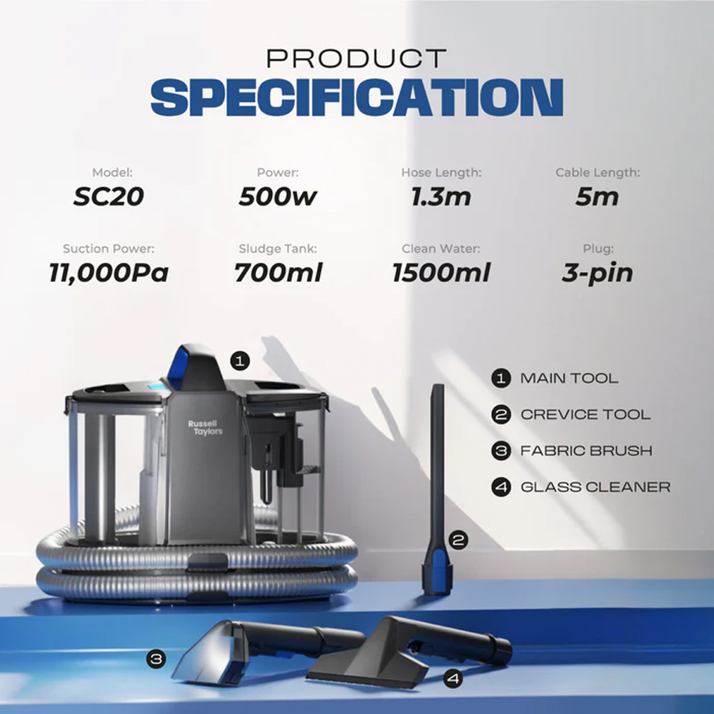 Russell Taylors 500W Multi-Surface Spot Cleaner SC20 | Clean fabrics, mirrors & windows | Portable, lightweight