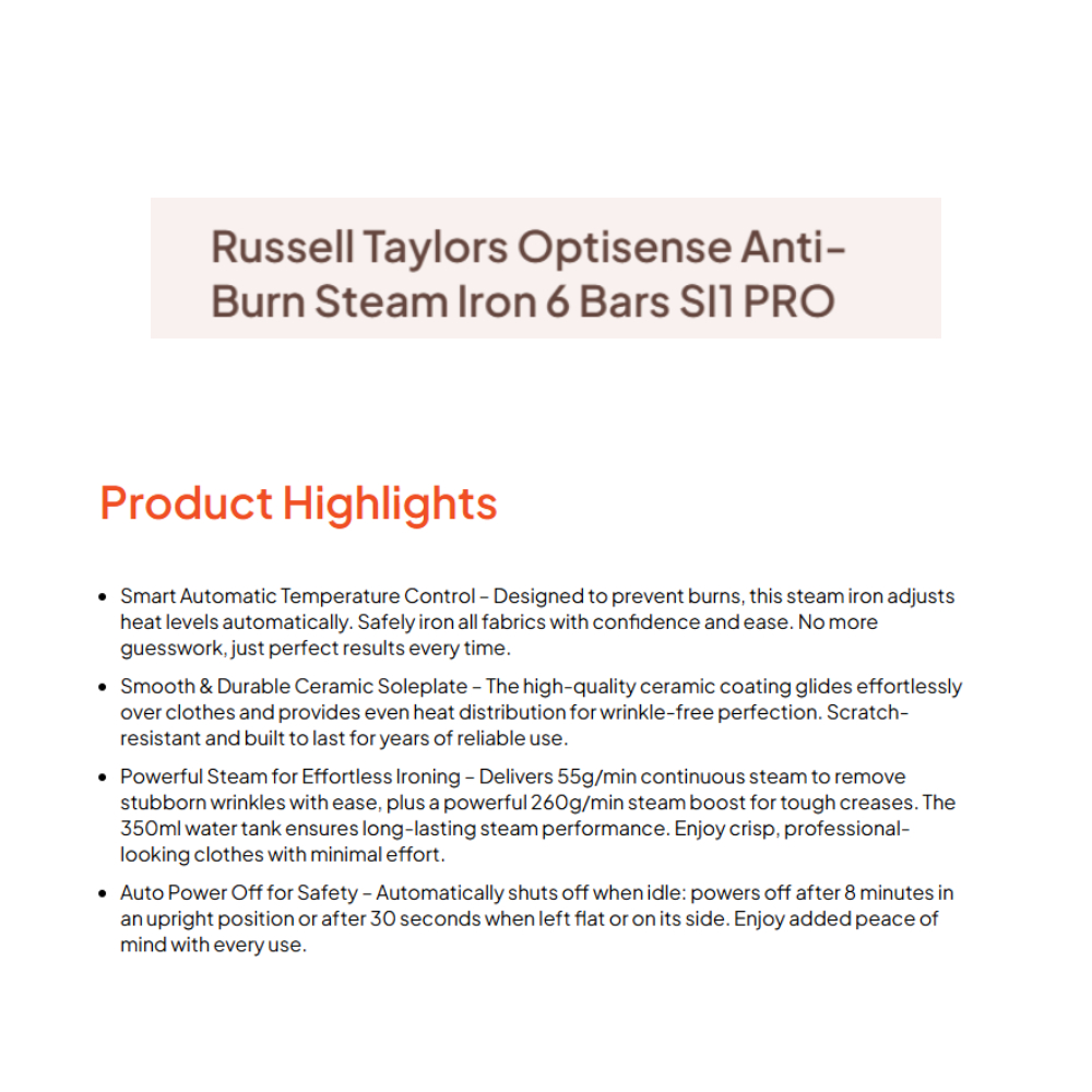 Russell Taylors 3000W Optisense Anti-Burn Steam Iron SI1 PRO | Auto Power Off | Ceramic-Coated Soleplate