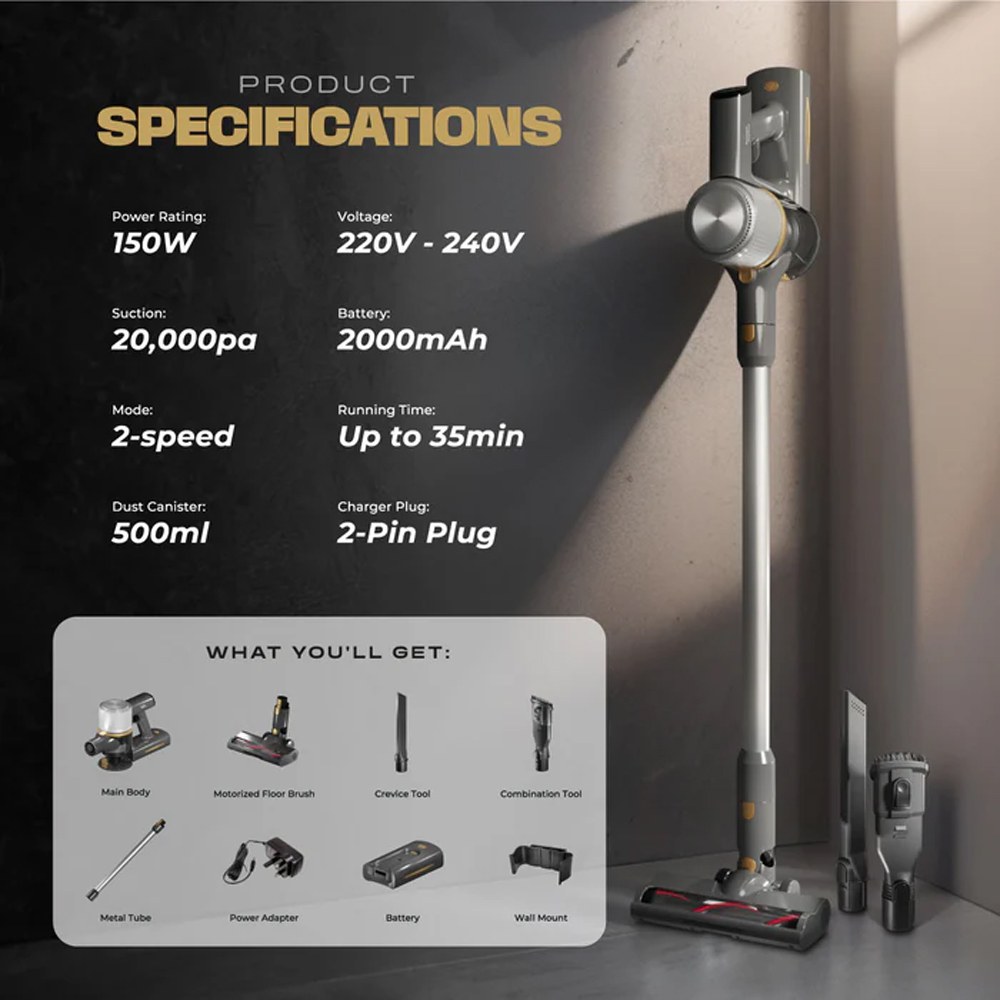 Russell Taylors 150W Dynamic Cordless Vacuum Cleaner V2 | Powerful DC Motor | 2-Speeds | Cyclonic Filtration System