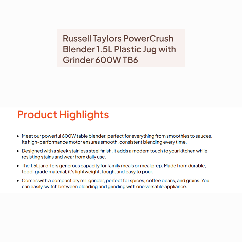 Russell Taylors 1.5L PowerCrush Blender TB6 |  Blender Safety Lock | 600W Motor | 2 -Speed + Pulse Versatile Control