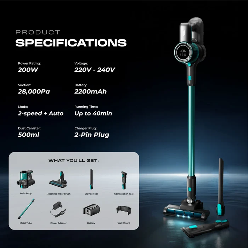 Russell Taylors 200W Ultra Vision Cordless BLDC Motor Vacuum Cleaner V2X | Suction Power: 28,000Pa | Long-Lasting 2200mAh Battery