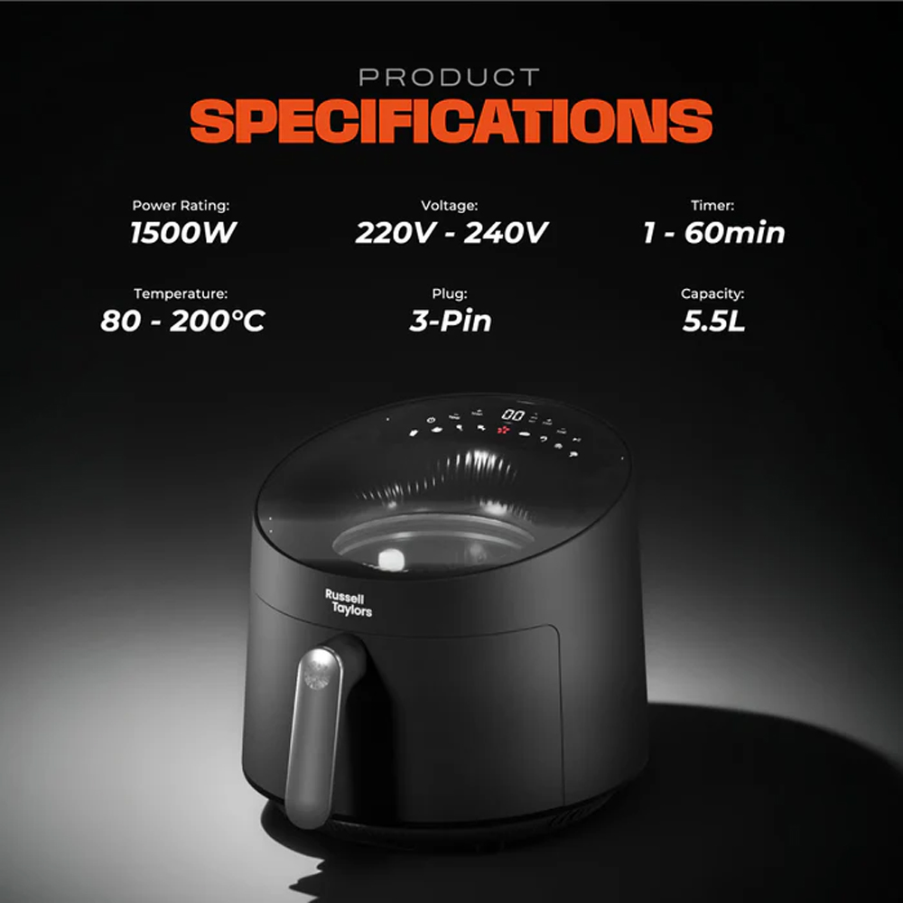 Russell Taylors 5.5L Skylight View Bladeless Air Fryer Z10 | Radiant Turbo Heating | Smart Preset Programs