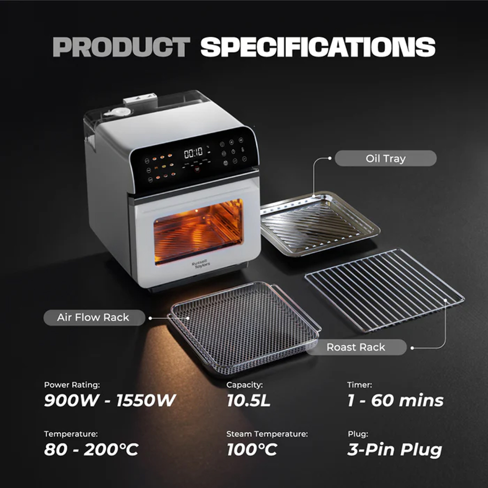 Russell Taylors 10.5L Steam & Fry Mastery Steam Oven Z11 | 3-in-1 Air Fryer/ Oven + Steamer + Steam Frying | Self-Cleaning Steam Technology