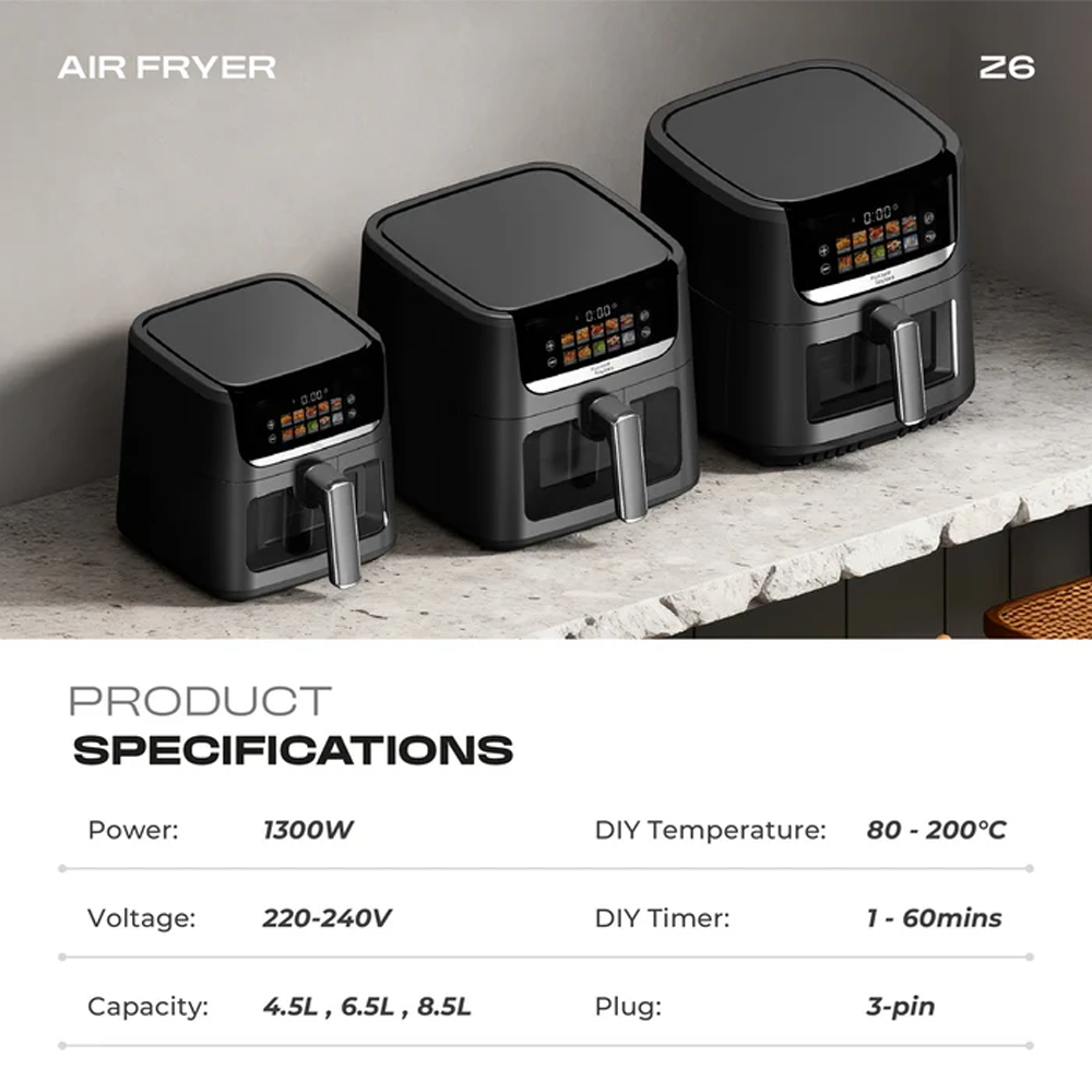 Russell Taylors 6.5L Clear Visible Window Digital Air Fryer Z6L | Smart Control Panel | Non-Stick Pan & Removable Tray