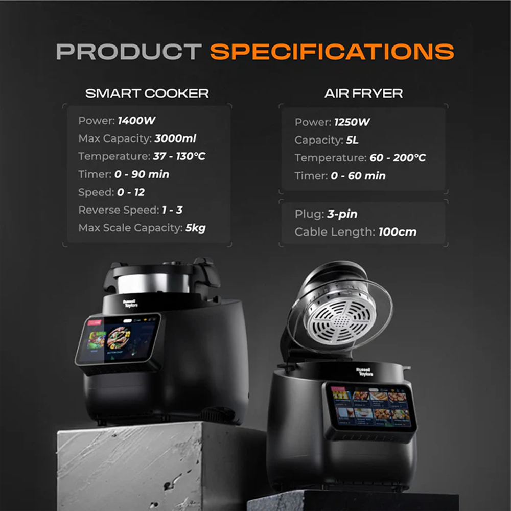 Russell Taylors 3L iMix Pro Smart Cooker with Air Fryer Automatic Cooking Robot i5 PRO | 1400W | 8 Programs Offering | 200+ Recipes | Self-Cleaning Mode