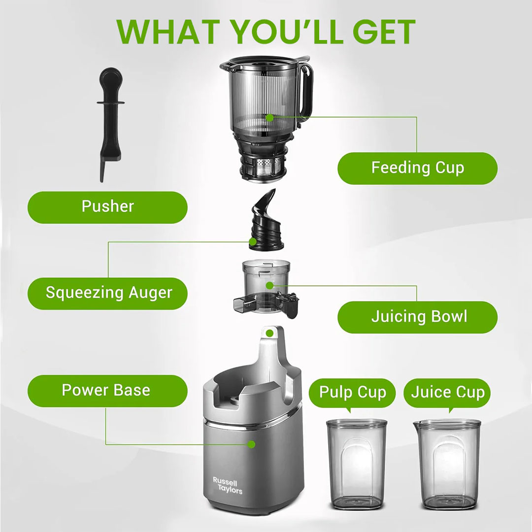 Russell Taylors 1.8L Masticating Cold Press Slow Juicer with Wide Feeding Tube SJ3 | 200W | Dishwasher Safe | Whole Fruit Juicer | Juicer with 2 Years Warranty
