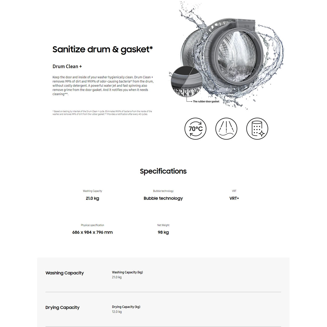 SAMSUNG 21KG/12KG Digital Inverter Front Load Washer Dryer with AI Ecobubble WD21T6500GV/SP | VRT+ | Air Wash | AI Control | Bubble Soak | Smart Control | Child Lock | Door Lock | Quick Wash | Steam | Auto Dispense | Washing Machine with 1 Year Warranty