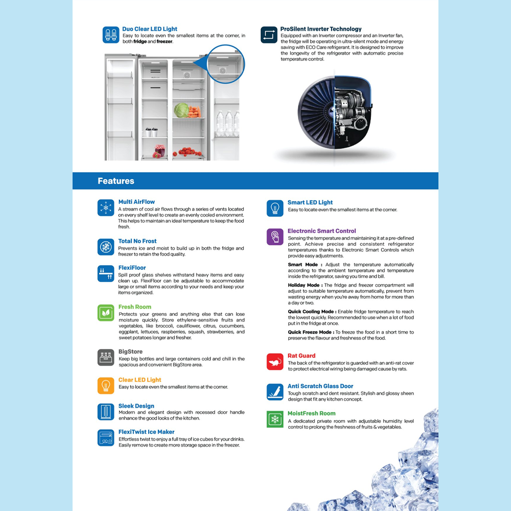 SKYWORTH 470L / 636L Side by Side ProSilent Inverter Refrigerator SBS-408WP / SBS-558WP | Electronic Smart Control | Nano Ag+ Filter | Moist Fresh Room | Refrigerator with 2 Year Warranty
