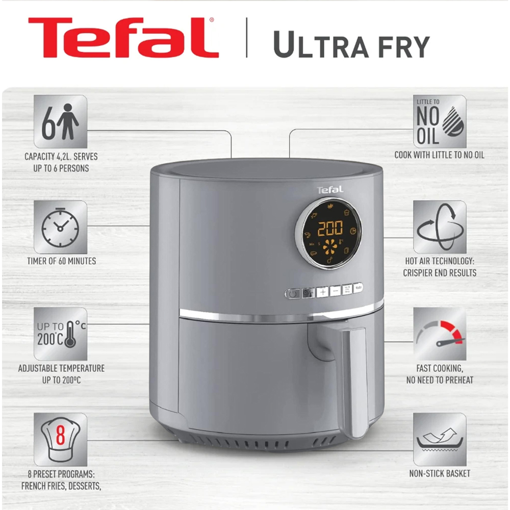 Tefal 4.2L Ultra Fry Healthy Air Fryer Charcoal EY111B40 | 8 Reset Programs | Timer Up to 60 Minutes | Intuitive Digital Interface