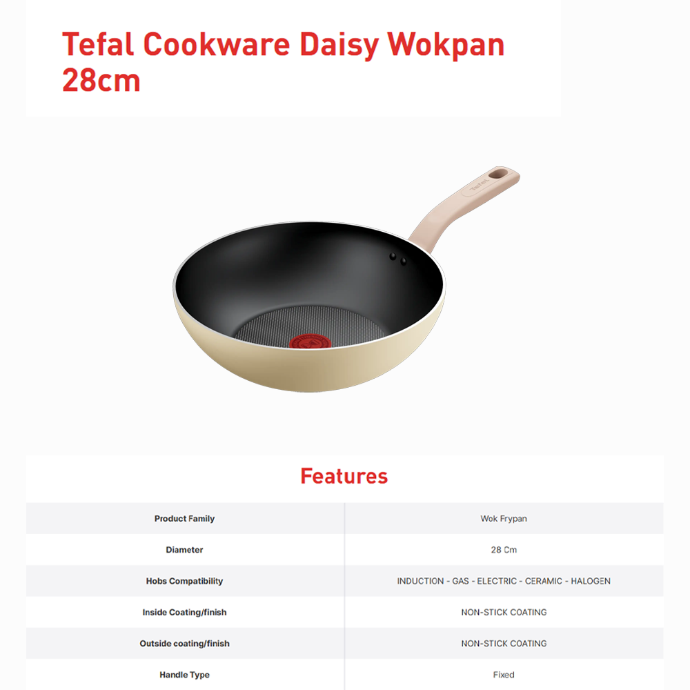 [2-Piece Set] Tefal 20cm/28cm wok frypan Daisy 2-Piece Cookware Set G167S295 | Perfect Searing Thermo-Signal | Titanium Resistant Non Stick Coating | Safe Non-Stick