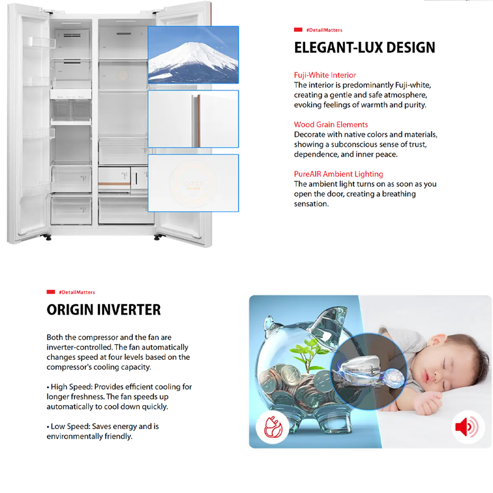 TOSHIBA 820L Side by Side Origin Inverter PureAIR Turbo Refrigerator Fuji GR-RS905WIA-PGY(67) | NaturePURE | Roomy Storage | Extra Chill