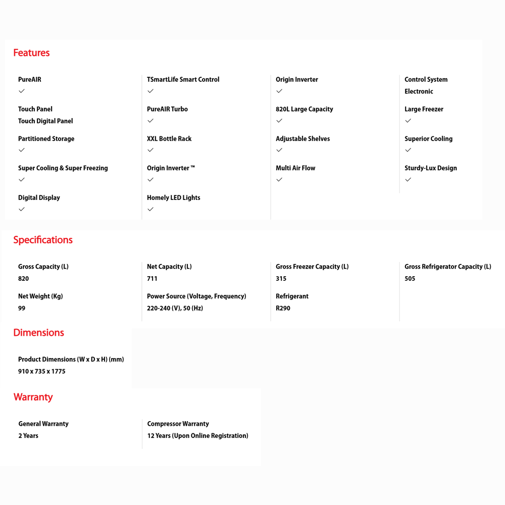 TOSHIBA 820L Side by Side Origin Inverter PureAIR Turbo Refrigerator GR-RS910WI-PMY(06) | PureAIR sterilization system | Extra-large freezer capacity | Super cooling & Super freezing function
