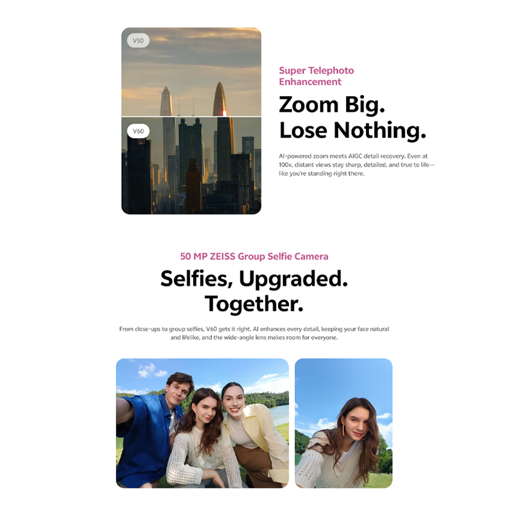 vivo V60 5G | Rear Camera 50MP | Qualcomm SM7750-AB Snapdragon 7 Gen 4 (4 nm) | 6.77 inches, AMOLED | Li-Po 6500 mAh,