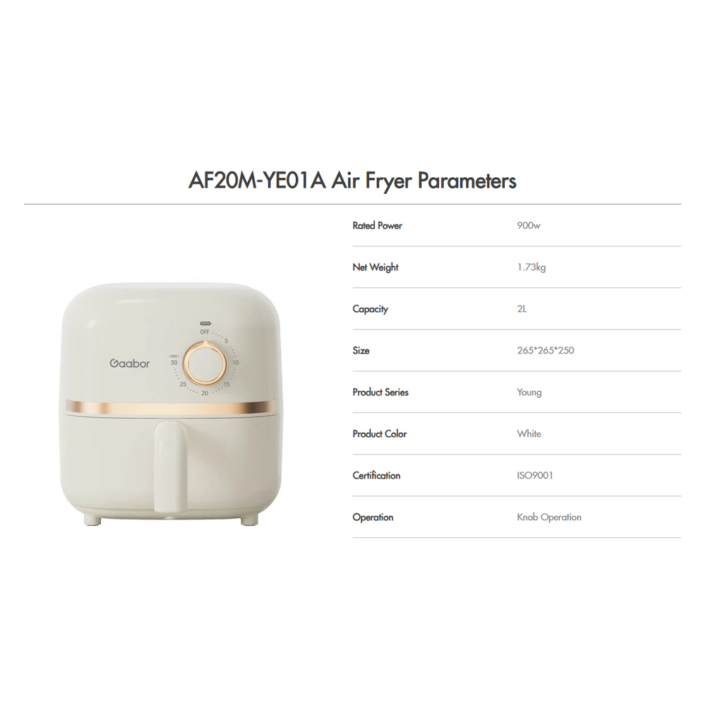 Gaabor 2L Air Fryer Parameters AF20M-YE01A | 360° Circulating Hot Air | Easy The Operating | Easy To Clean | 1  Year General Warranty