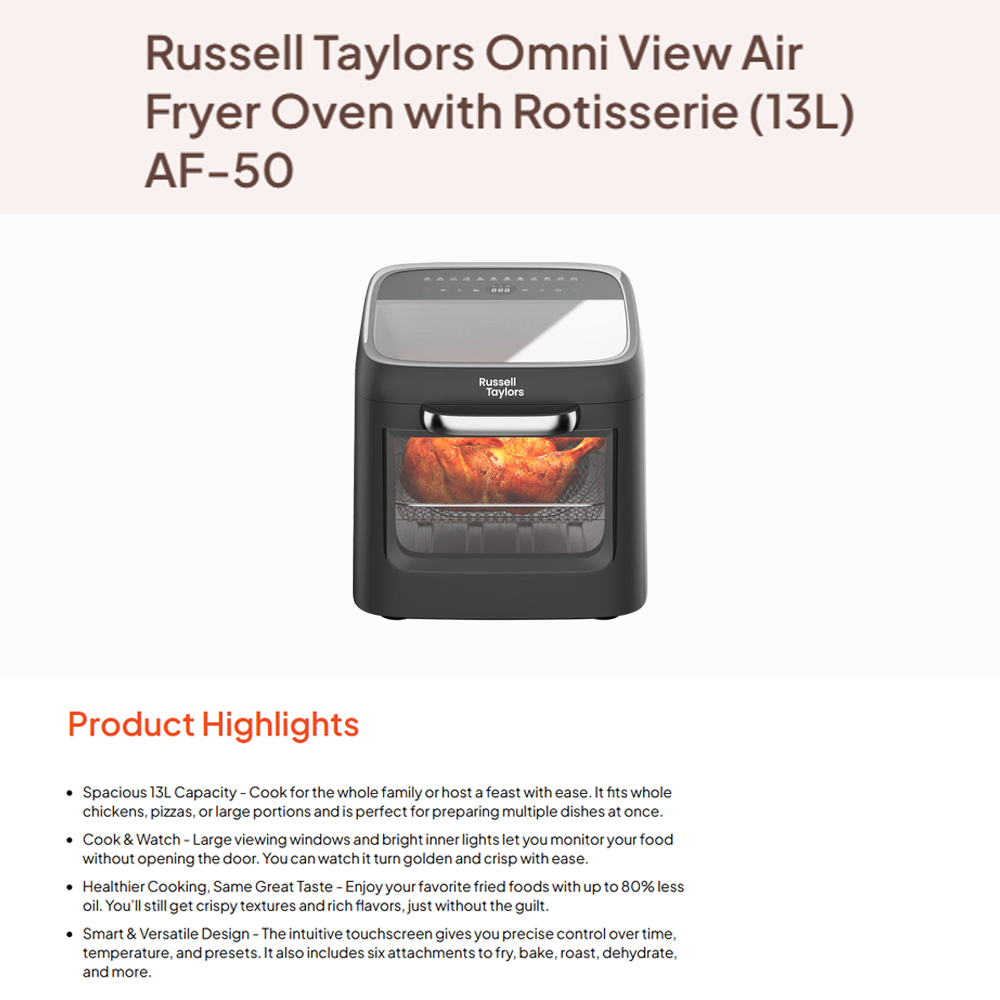 Russell Taylors 13L Omni View Air Fryer Oven with Rotisserie AF-50 | 1800W | Digital Touch Screen | 12 preset cooking programmes