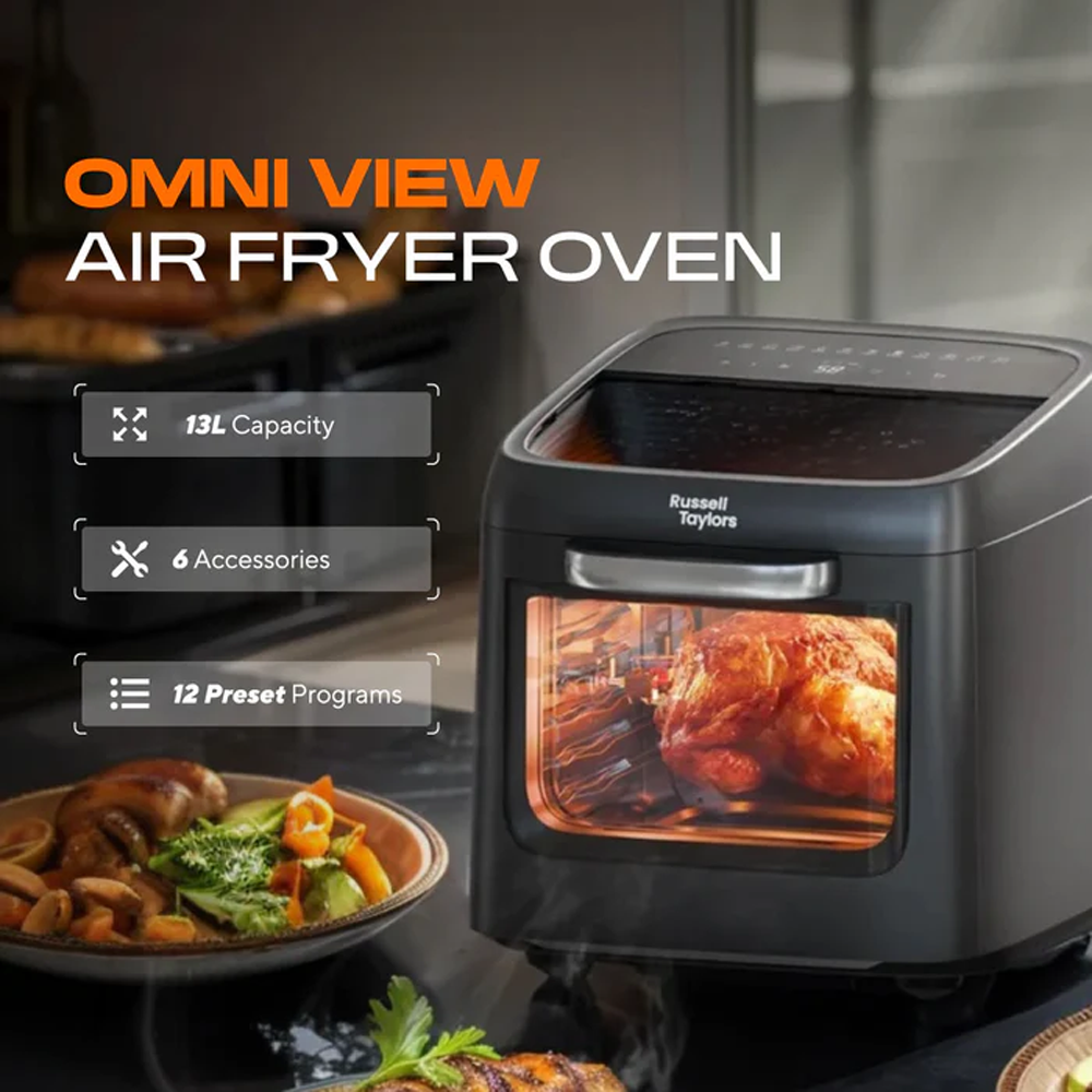 Russell Taylors 13L Omni View Air Fryer Oven with Rotisserie AF-50 | 1800W | Digital Touch Screen | 12 preset cooking programmes