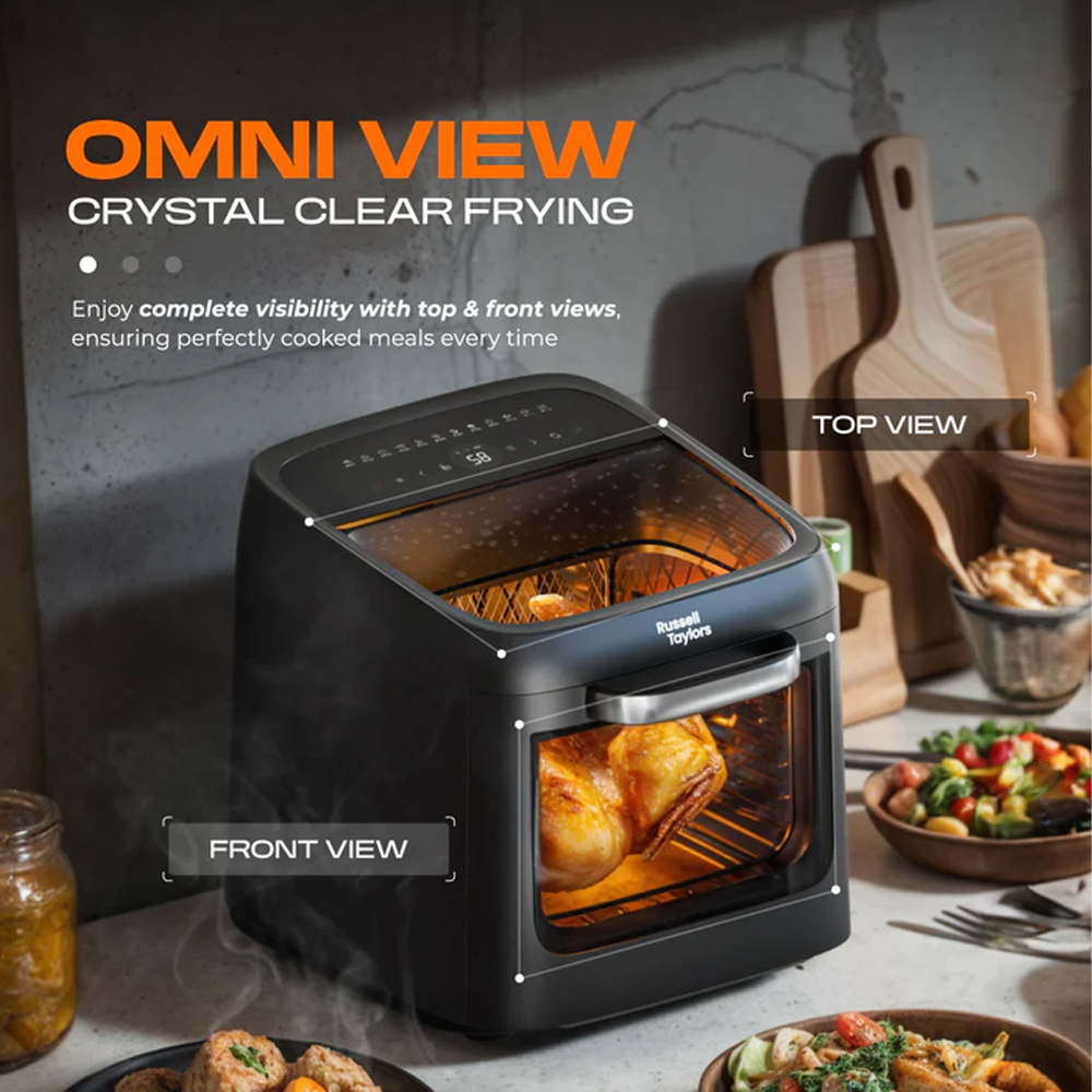Russell Taylors 13L Omni View Air Fryer Oven with Rotisserie AF-50 | 1800W | Digital Touch Screen | 12 preset cooking programmes