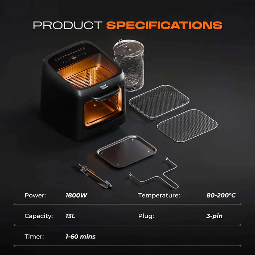 Russell Taylors 13L Omni View Air Fryer Oven with Rotisserie AF-50 | 1800W | Digital Touch Screen | 12 preset cooking programmes