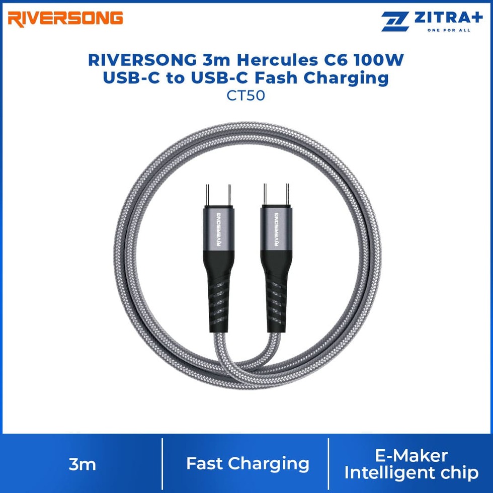 RIVERSONG 1.2m/2m/3m  Hercules C6 100W USB-C to USB-C Fash Charging CT50 | Fast Charging | E-Maker Intelligent | 480Mbps Data Transfer | Charging with 1 Year Warranty