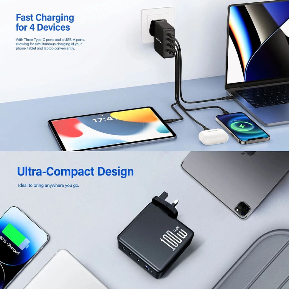 RIVERSONG 100W PowerKub G100 GaN High Efficiency Superfast Charger AD105 | Multiple Protections | 4 Port & Compacy Design | Fully Compatible | Charger with 1 Year Warranty