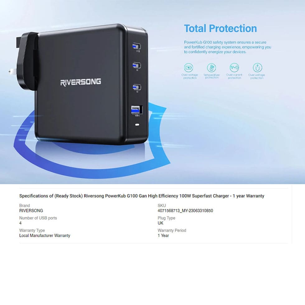 RIVERSONG 100W PowerKub G100 GaN High Efficiency Superfast Charger AD105 | Multiple Protections | 4 Port & Compacy Design | Fully Compatible | Charger with 1 Year Warranty