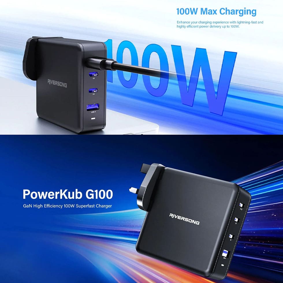 RIVERSONG 100W PowerKub G100 GaN High Efficiency Superfast Charger AD105 | Multiple Protections | 4 Port & Compacy Design | Fully Compatible | Charger with 1 Year Warranty