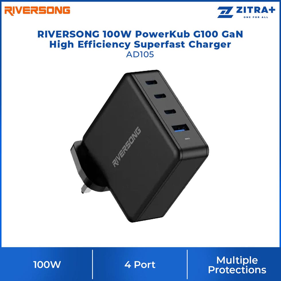 RIVERSONG 100W PowerKub G100 GaN High Efficiency Superfast Charger AD105 | Multiple Protections | 4 Port & Compacy Design | Fully Compatible | Charger with 1 Year Warranty