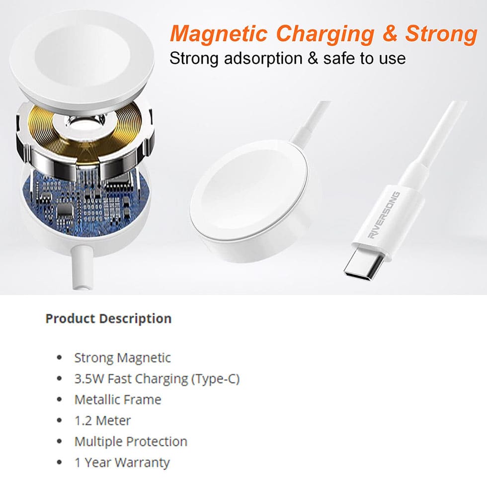 RIVERSONG 1.2m Mag Pro Charging AD78 | 3.5W Fast Charging Type-C | Strong Magnetic | Metallic Frame | Charging with 1 Year Warranty